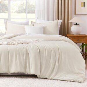 Queen Comforter Set Beige, 3 Pieces Lightweight Fluffy Solid Bedding Comforter